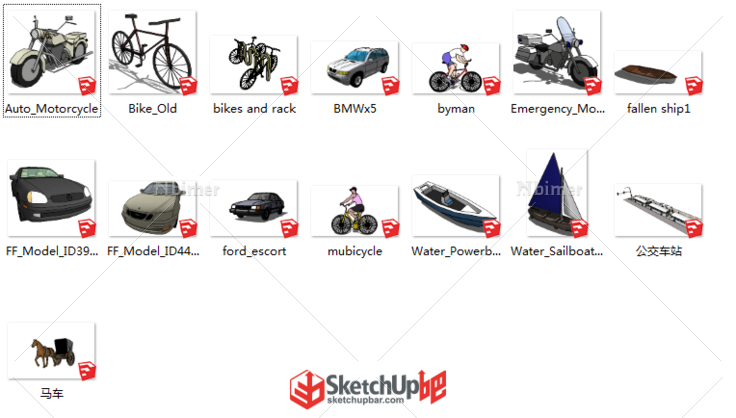 交通工具SU模型 汽车 自行车 摩托车 马车 船