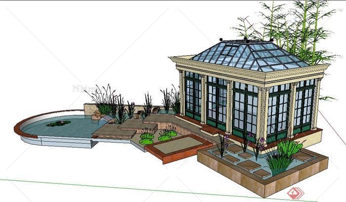 现代风格庭院花房及景观水池su模型