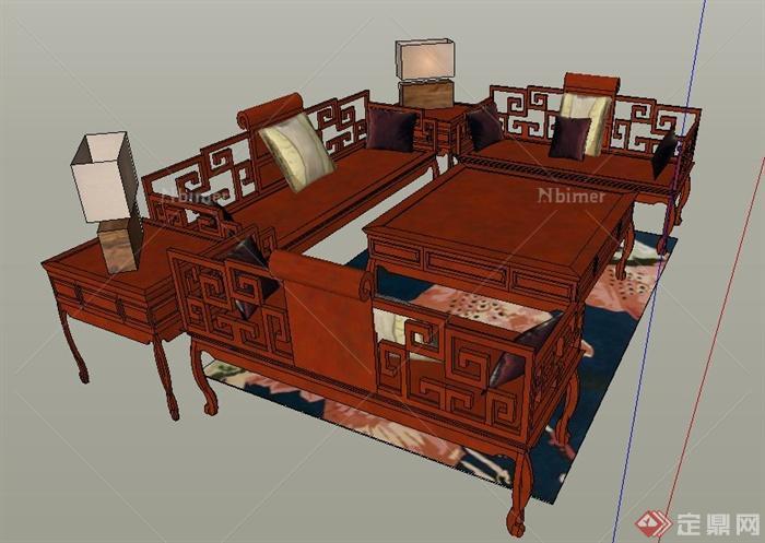 室内装饰古典中式沙发茶几su模型