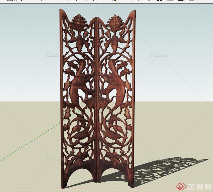 凤凰图案雕花屏风设计SU模型[原创]