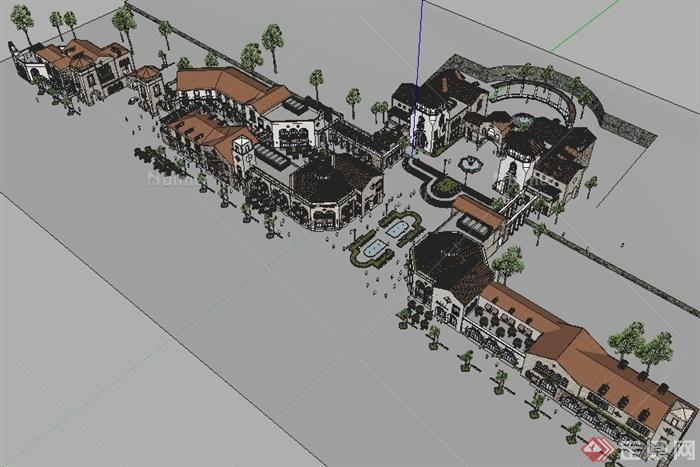 某欧式风格小镇政府广场商业街建筑设计SU模型