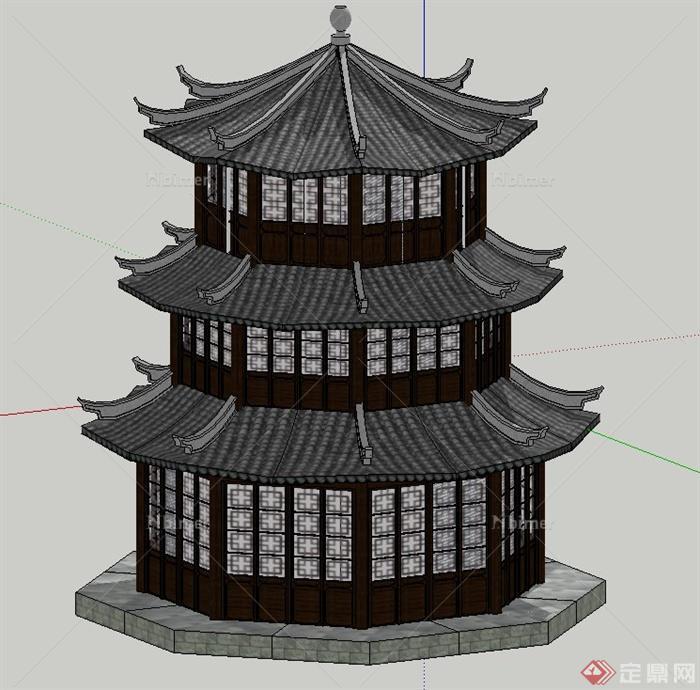 古典中式三层茶室塔楼建筑设计SU模型