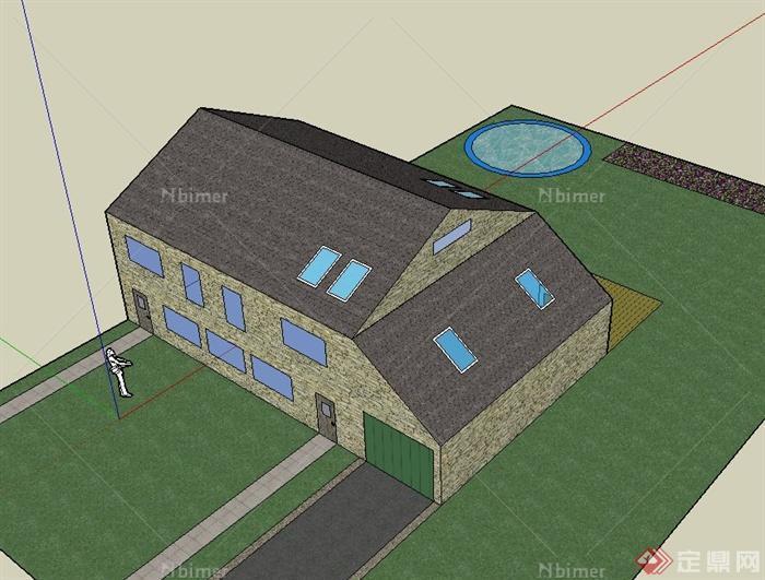 某带阁楼双层住宅建筑设计SU模型（含水池）