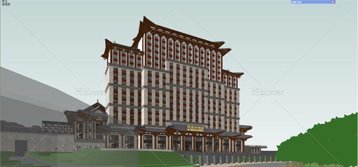 某现代中式风格精致详细酒店建筑设计su模型[原创