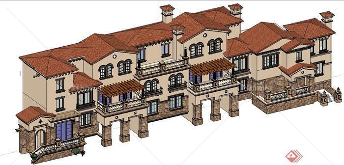 西班牙风格拼接别墅建筑设计su模型