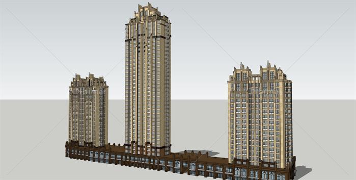 某新古典多层双单元住宅建筑方案设计SU模型[原创