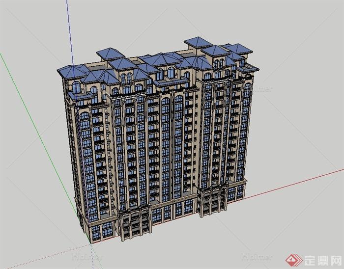 简欧风格高层住宅建筑楼设计su模型[原创]