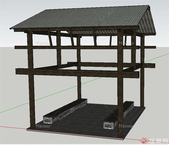 木质简易四角廊架设计SU模型