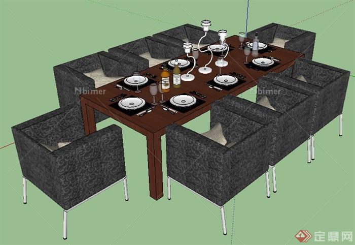现代风格八人座餐桌椅su模型