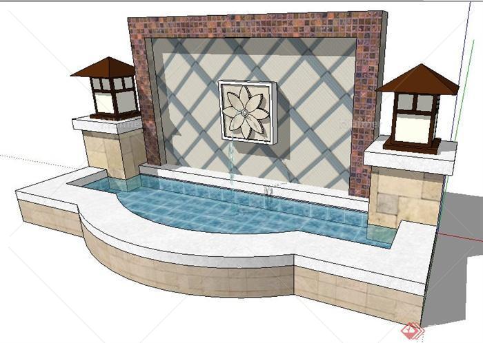 新中式喷泉水池设计su模型[原创]