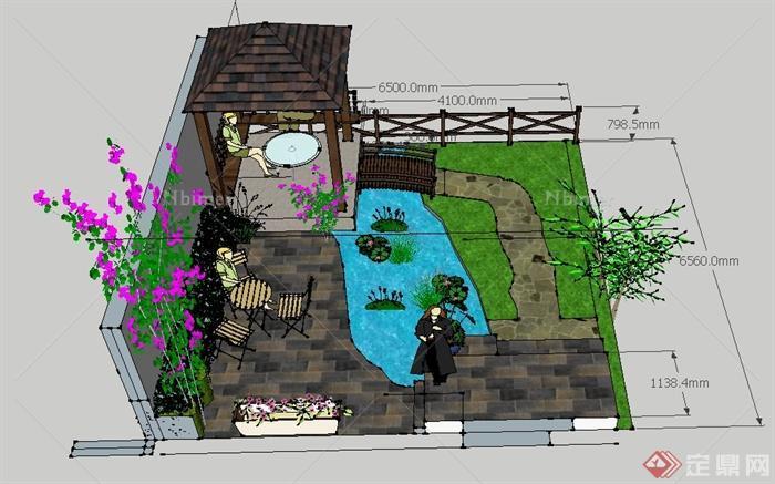 某现代花园设计su模型（含水池、凉亭等）