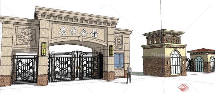 某欧式风格大型别墅区入口大门景观设计SketchUp