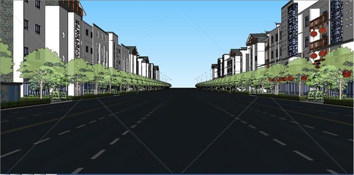 新中式的商业街建筑景观设计SU模型