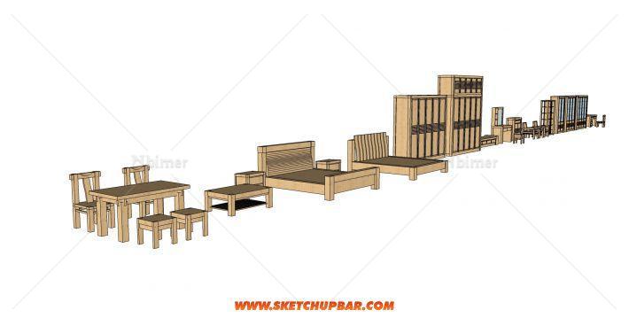 一套新中式的实木系列家具模型