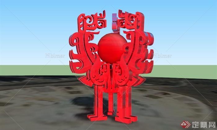 现代中式红色鼎状雕塑设计SU模型[原创]