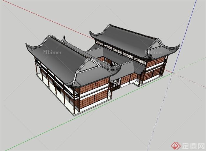 中国古典中式风格两层商业建筑设计su模型[原创]