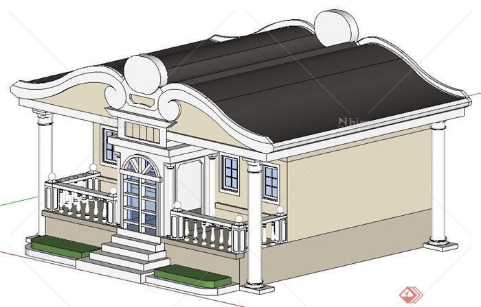 混搭风格单层民居建筑设计su模型