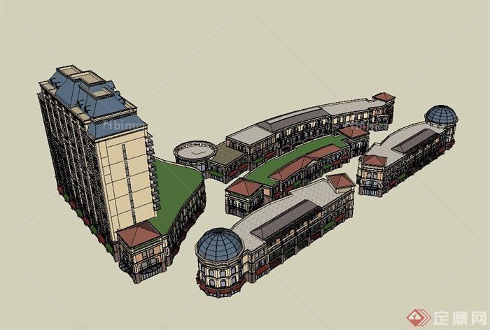 欧式办公楼、商业街区建筑设计su模型