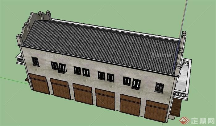 古典中式两层条形商业建筑设计SU模型