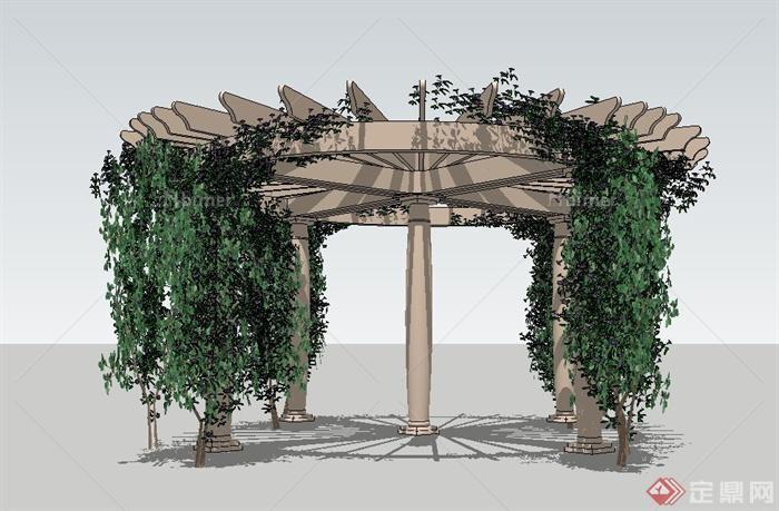 某现代木廊架结构设计su模型（含藤蔓）