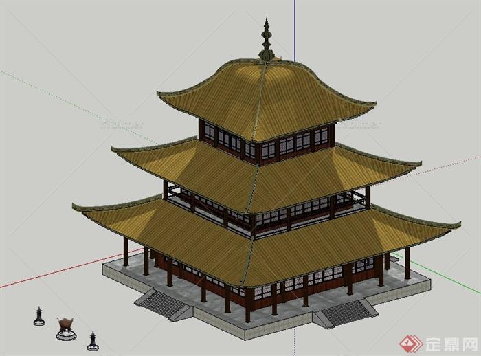 古典中式三层岳阳楼建筑设计SU模型
