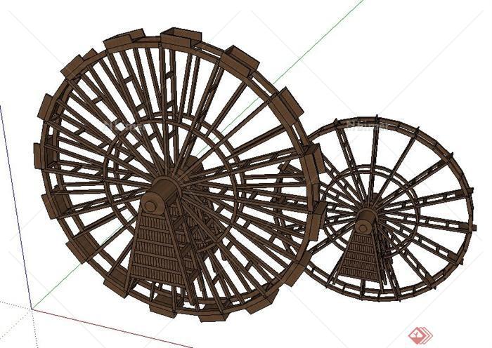 木质两个水车设计SU模型