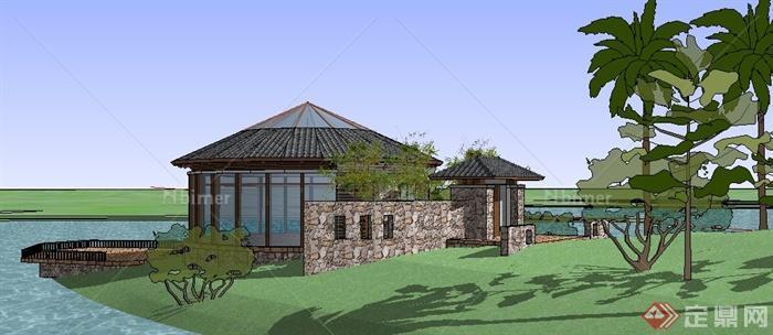 中式风格别墅小岛建筑景观su模型[原创]