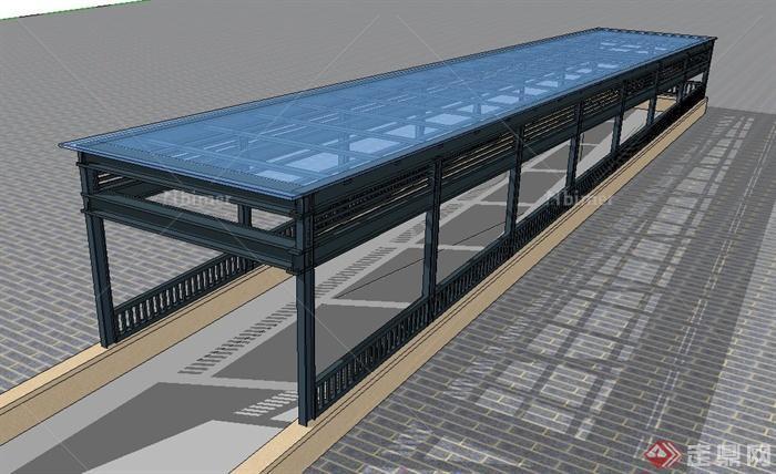 某小区钢架结构玻璃地下车库入口廊架设计SU模型