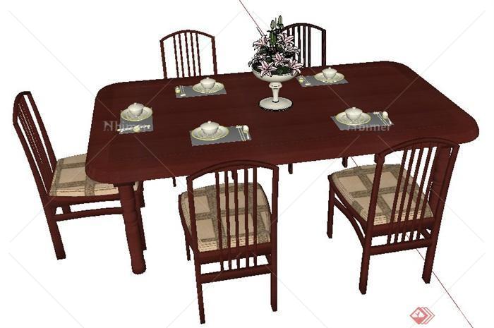 中式风格木制餐桌椅组合su模型