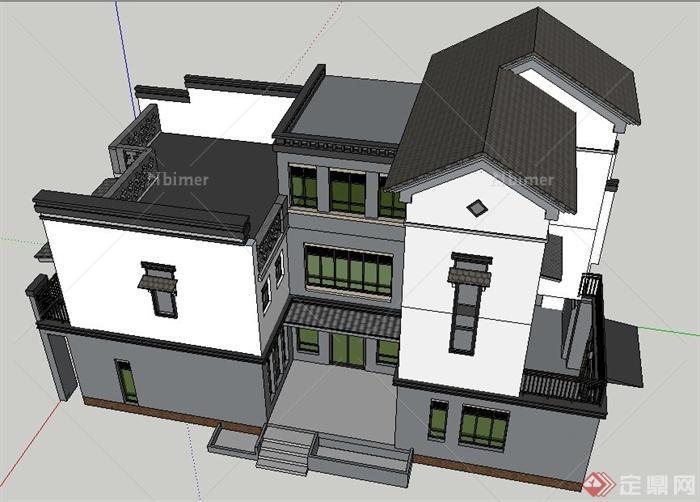 现代中式风格私人别墅建筑设计su模型