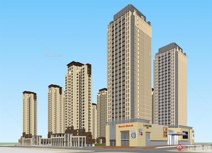 新古典长安府邸综合体+高层住宅建筑方案SU设计模