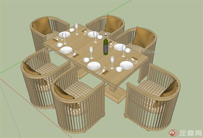 某室内木质六人餐桌椅设计SU模型