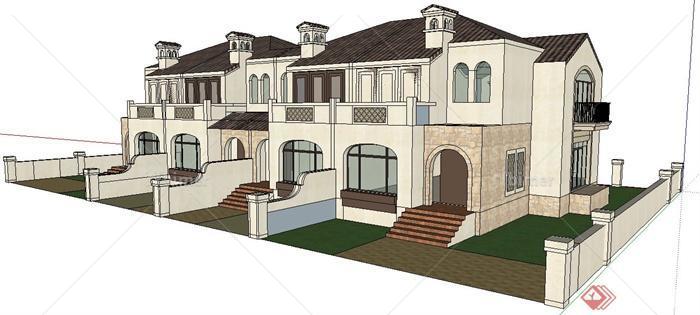 地中海式二层联排别墅建筑设计su模型
