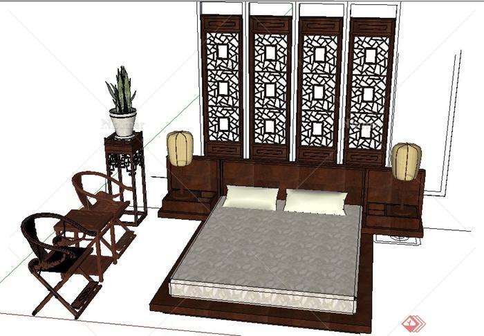 混搭榻榻米式床及中式家具su模型