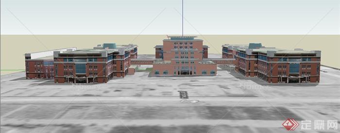 某现代红砖多层综合行政办公楼建筑设计SU模型