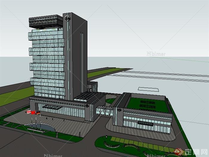 两栋现代风格办公楼建筑设计su模型（高层+超高层