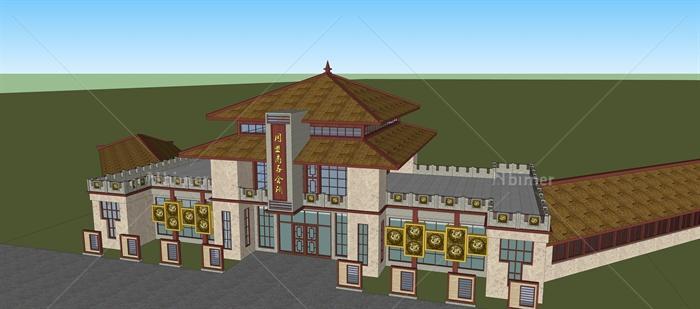 新中式风格同盟会所建筑设计su模型（含博物馆）