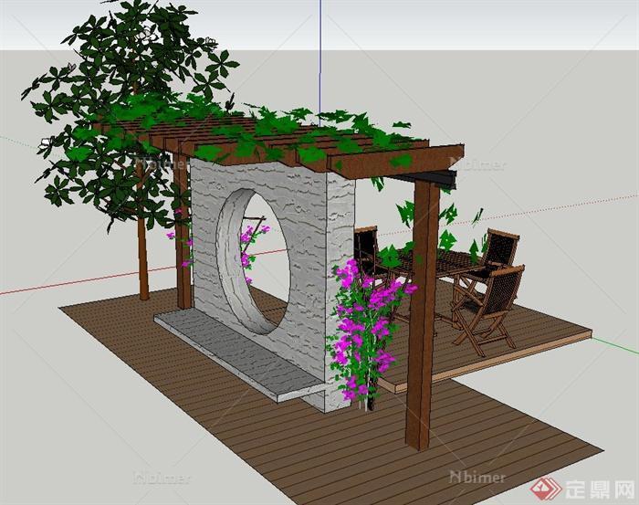 园林景观节点木桌椅、景墙设计SU模型