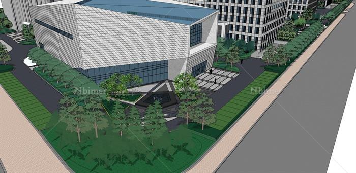 现代风格政府办公大楼及楼前广场景观设计SU模型