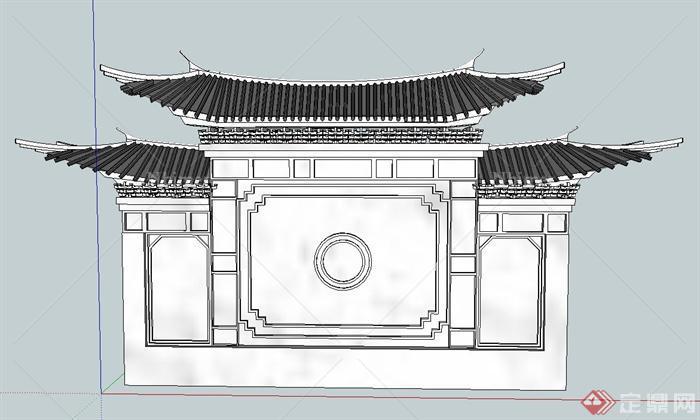 某古典中式风格带屋檐景墙设计SU模型