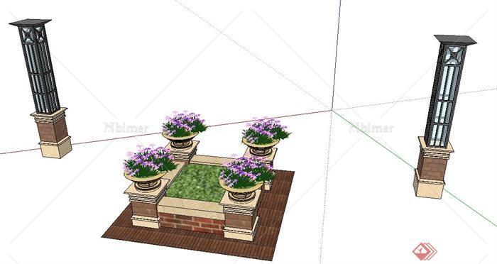 英式风格花池及灯柱su模型