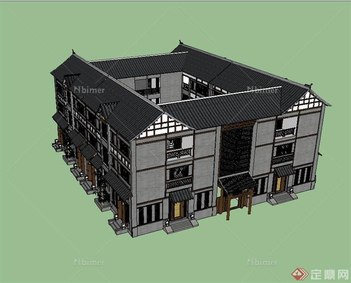 中国现代中式风格四合院多层住宅建筑su模型[原创