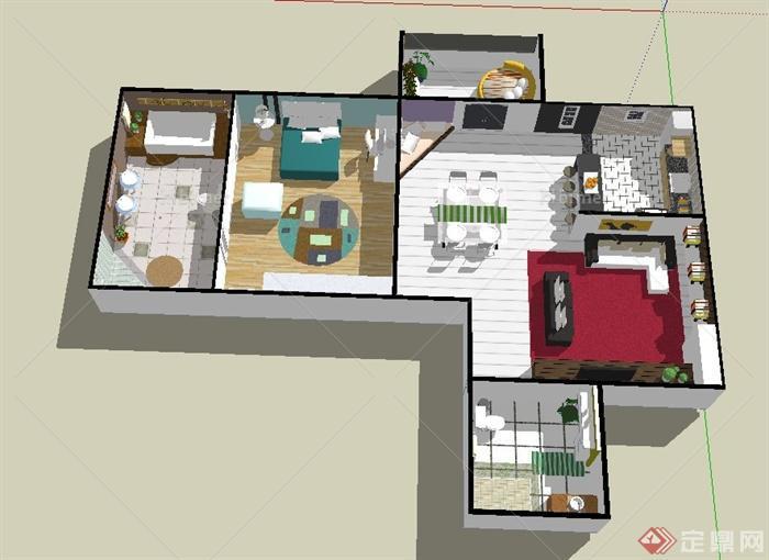 某一室一厅住宅室内设计SU模型1