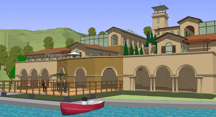 西班牙风格临水旅游旅馆建筑群sketchup模型