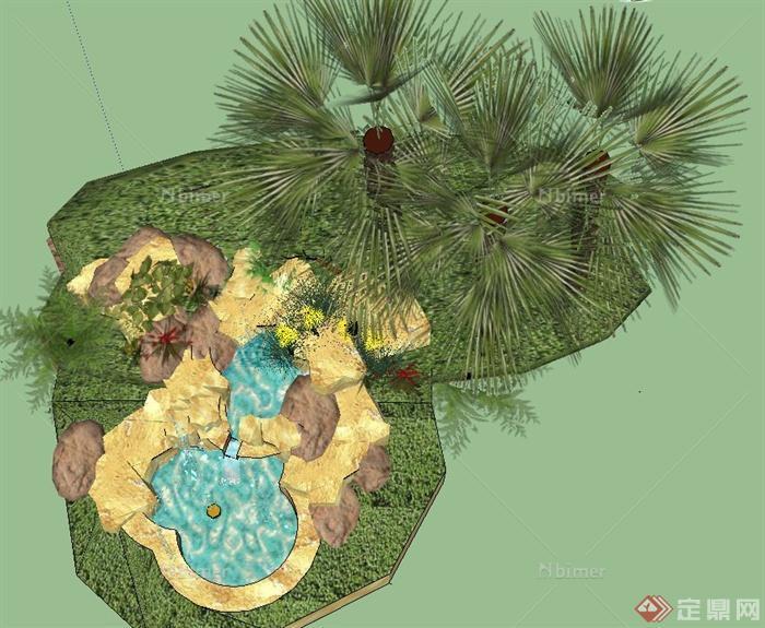某庭院景观节点喷泉水池景观树设计SU模型[原创]