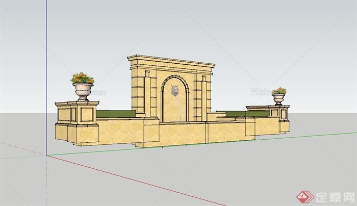 欧式景墙喷泉水池设计su模型含花钵