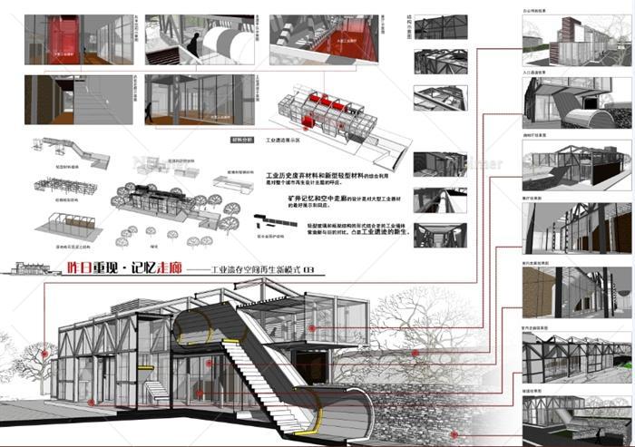 工业遗迹厂房建筑改造设计展板、CAD和SU模型[原