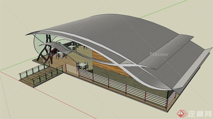 现代中式单层玻璃茶室建筑设计SU模型