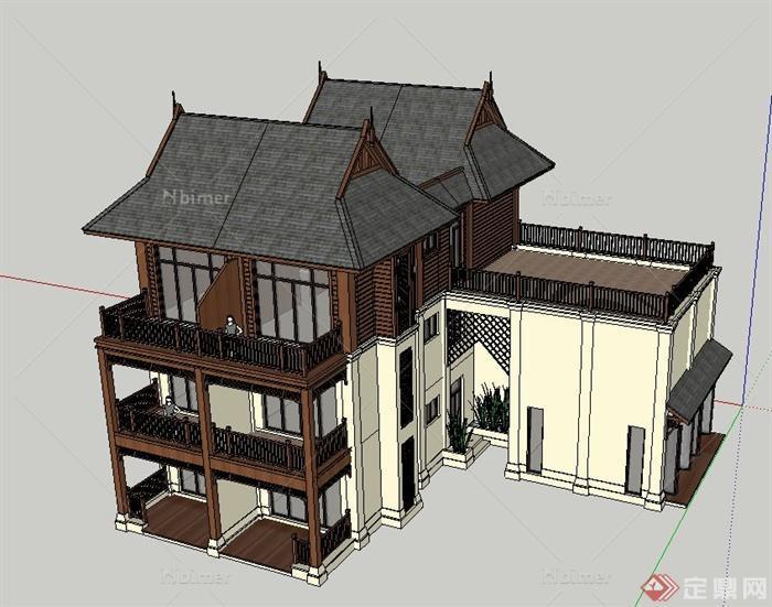 某三层东南亚风格住宅建筑设计SU模型