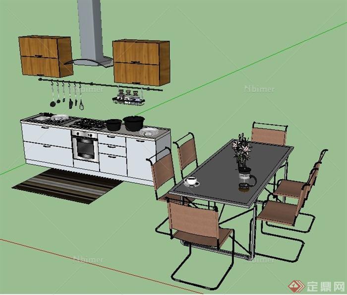 现代风格整体橱柜及餐桌椅su模型